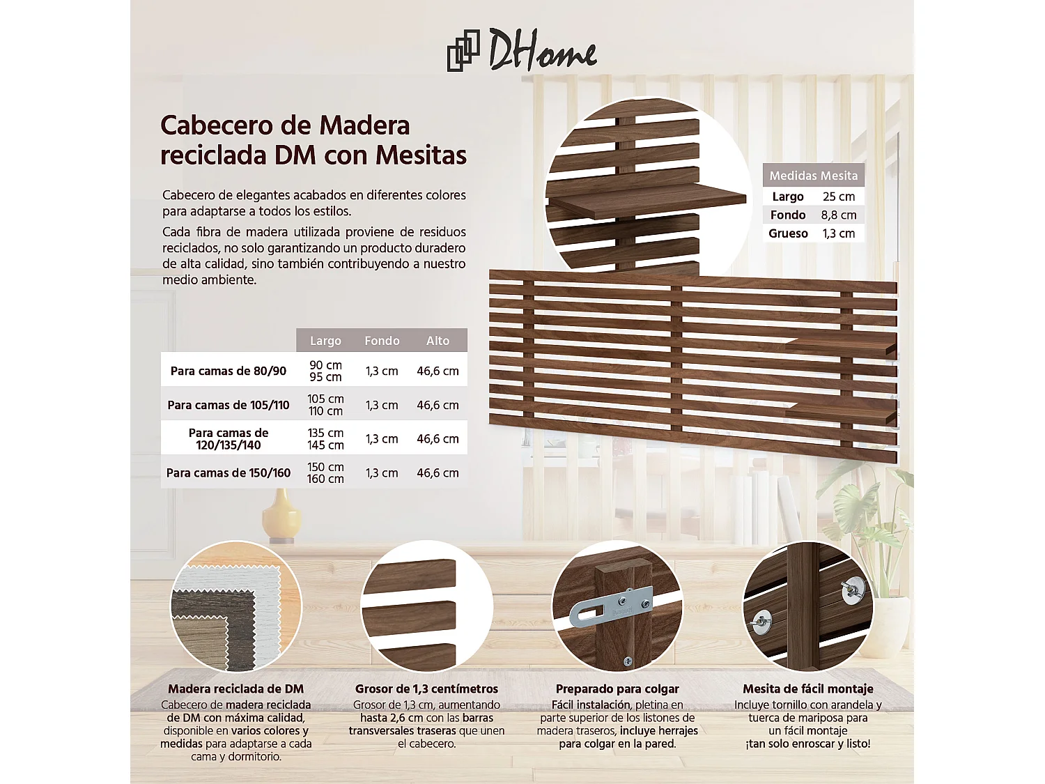 DHOME Tête de lit avec étagères en bois recyclé DM Tenture murale Style palette japonaise Lit nordique vintage (bois de noyer 135 cm)