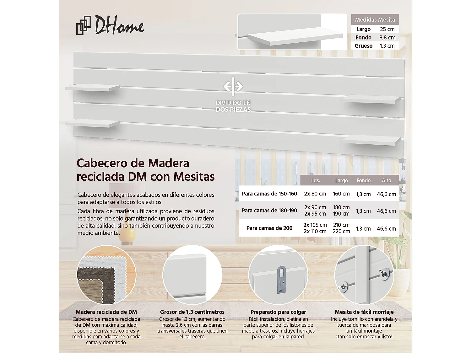 DHOME Tête de lit avec étagères en bois recyclé DM à suspendre au mur style palette horizontale avec pieds lit vintage nordique (210 cm blanc massif)