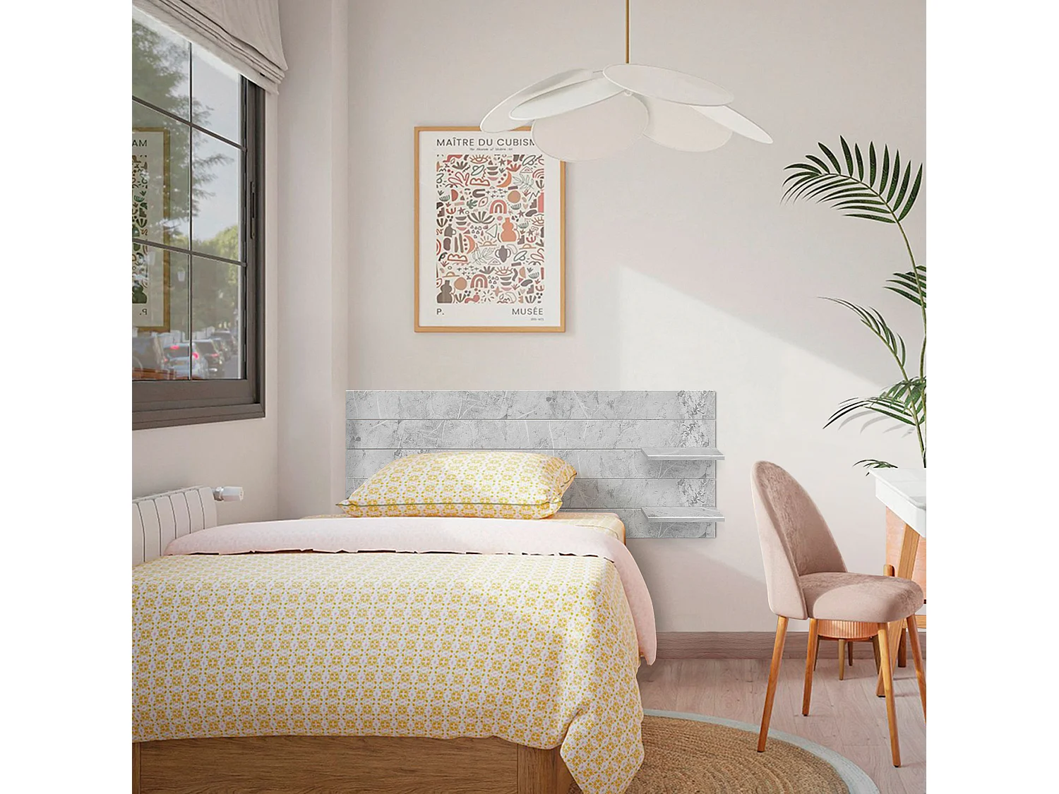 DHOME Tête de lit avec étagères en bois recyclé DM à suspendre au mur style palette japonaise avec pieds de lit nordique vintage (finition marbre 135 cm)