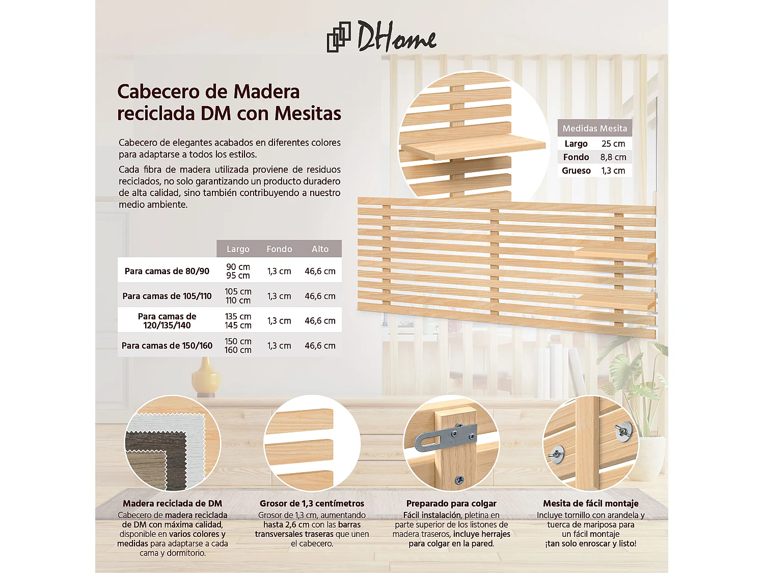 DHOME Hoofdeinde met gerecyclede houten planken DM muurhangend Japans palletstijl Scandinavisch vintage bed (135 cm natuurlijk hout)