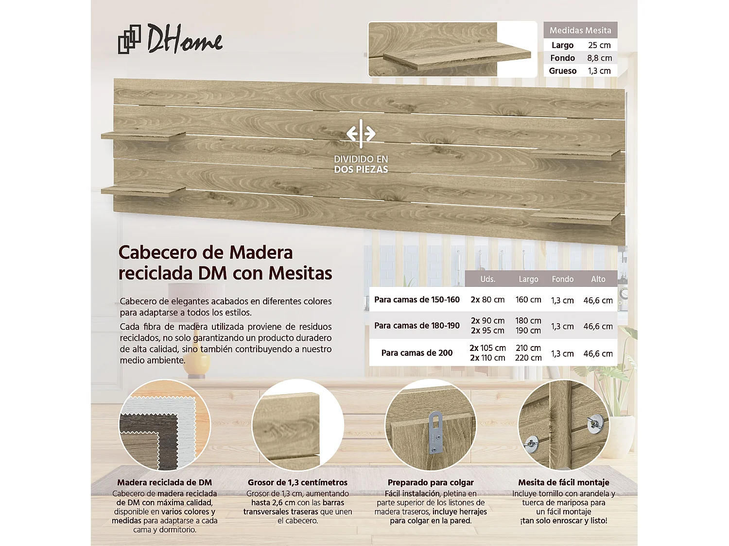 DHOME Tête de lit avec étagères en bois recyclé DM à suspendre au mur style palette japonaise avec pieds de lit nordique vintage (bois cambrien 210 cm)