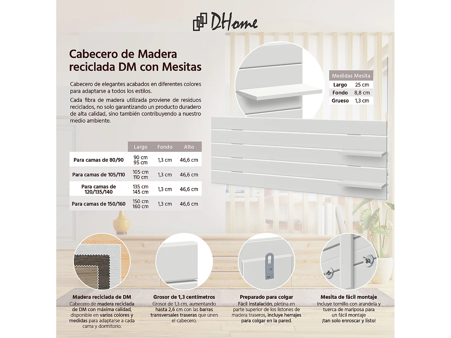 DHOME Tête de lit avec étagères en bois recyclé DM à suspendre au mur style palette japonaise avec pieds de lit nordique vintage (145 cm blanc massif)