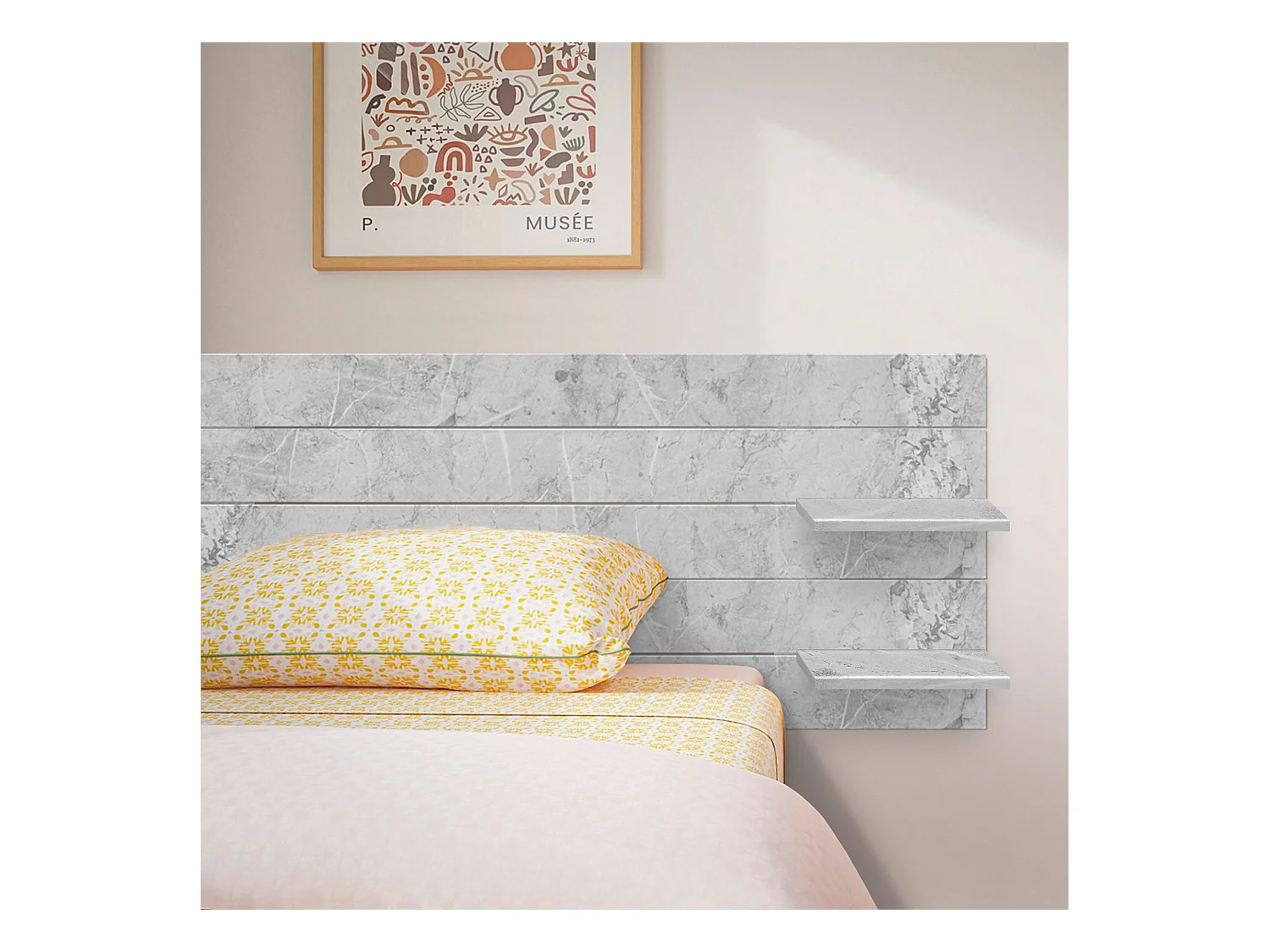 DHOME Tête de lit avec étagères en bois recyclé DM à suspendre au mur style palette japonaise avec pieds de lit vintage nordique (finition marbre 160 cm)