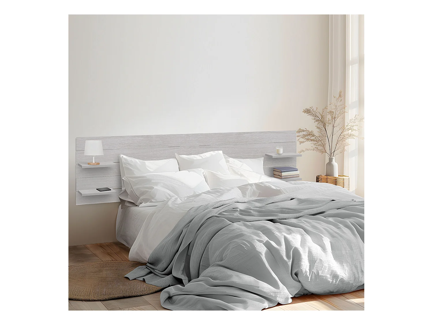 DHOME Tête de lit avec étagères en bois recyclé DM à suspendre au mur style palette horizontale avec pieds lit nordique vintage (290 cm arctique)