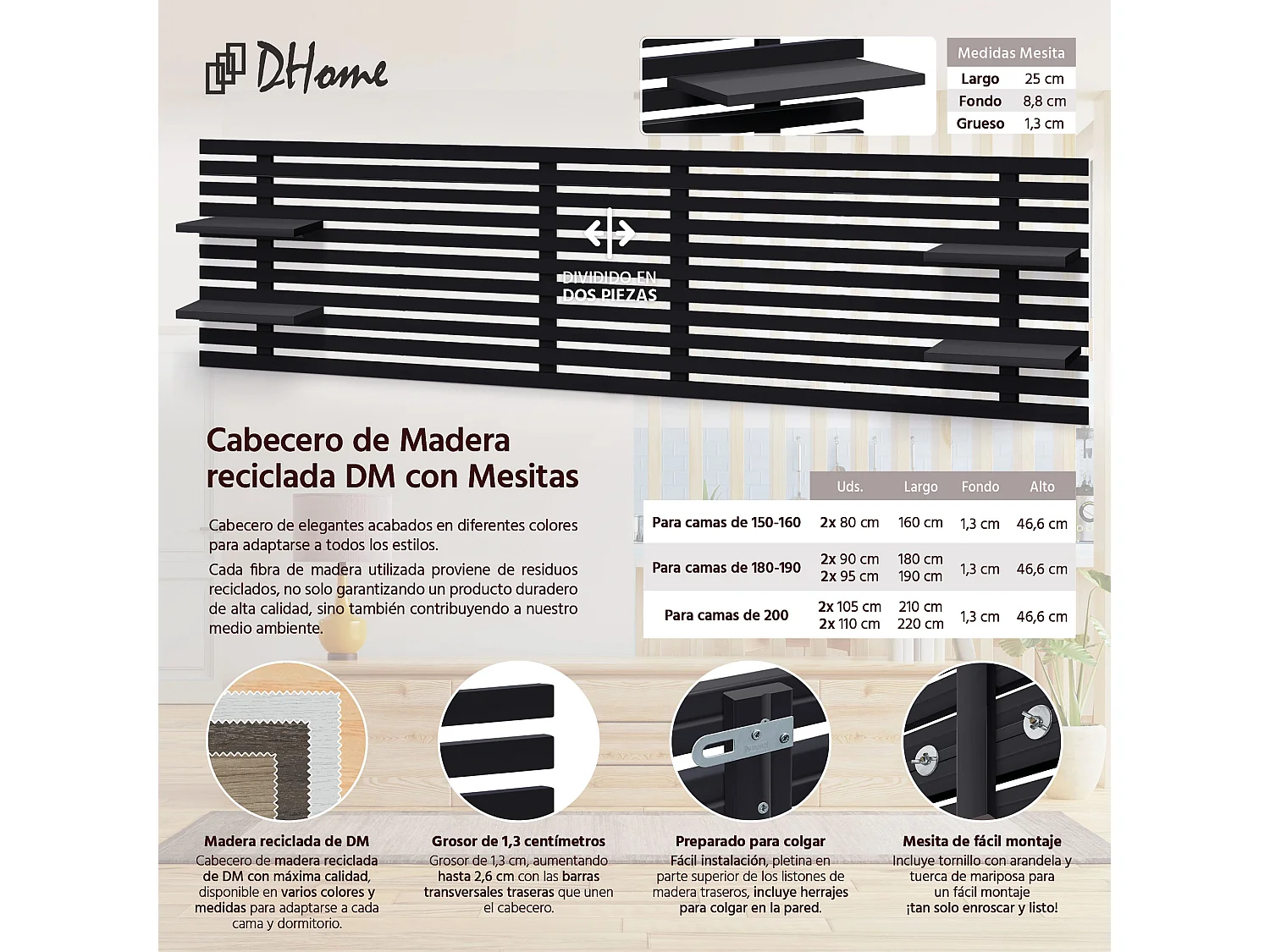 DHOME Tête de lit avec étagères en bois recyclé DM Tenture murale Style palette japonaise Lit nordique vintage (210 cm Noir massif)