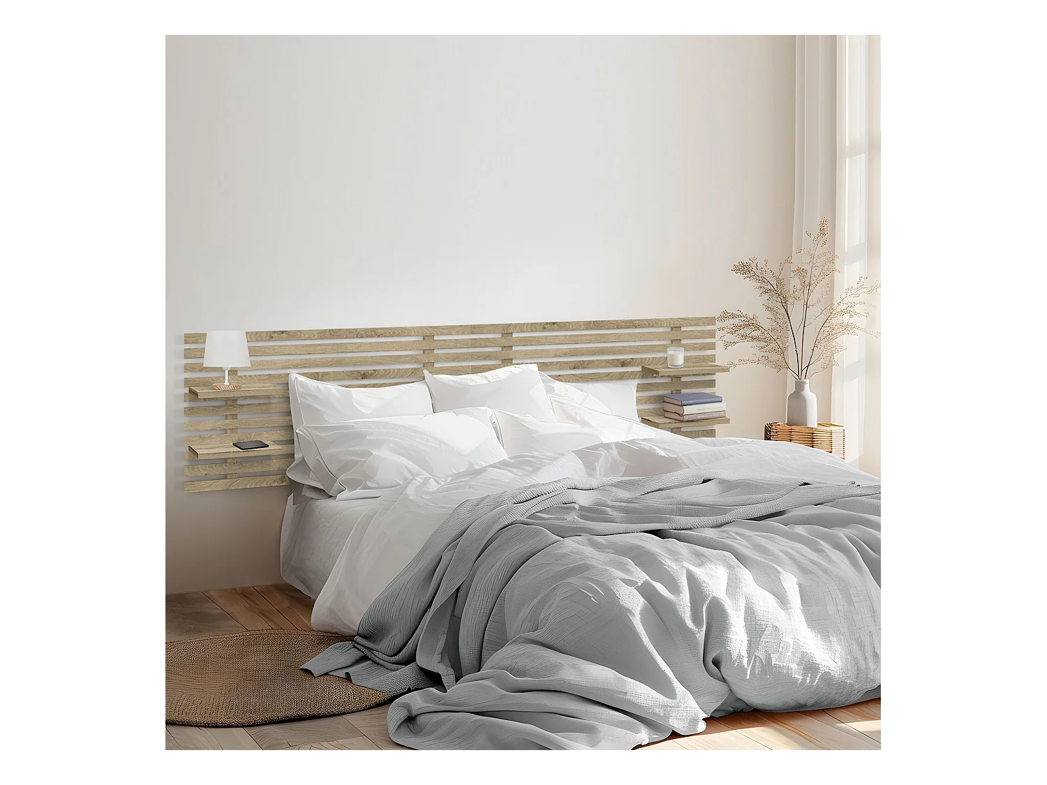 DHOME Tête de lit avec étagères en bois recyclé DM Tenture murale Style palette japonaise Lit nordique vintage (bois blanc 290 cm)