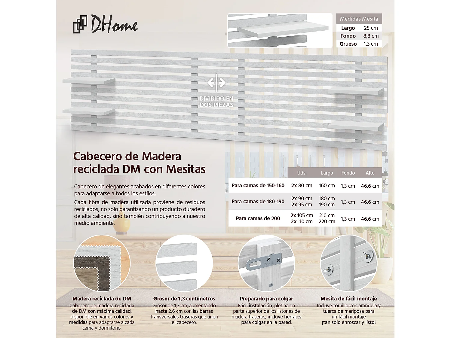 DHOME Tête de lit avec étagères en bois recyclé DM Tenture murale Style palette japonaise Lit nordique vintage (bois blanc 290 cm)