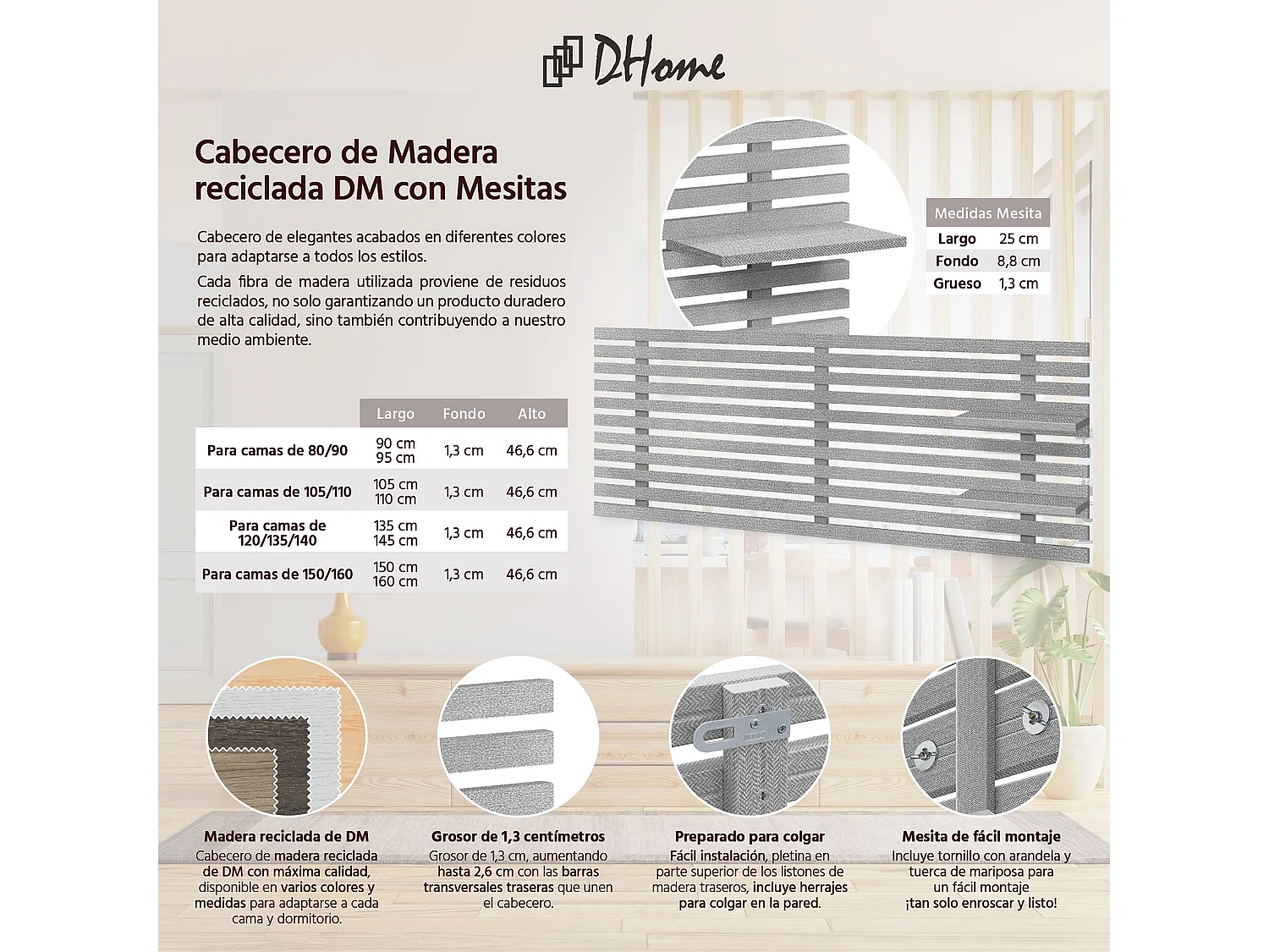 DHOME Tête de lit avec étagères en bois recyclé DM Tenture murale Style palette japonaise Lit vintage nordique (pointes grises 135 cm)