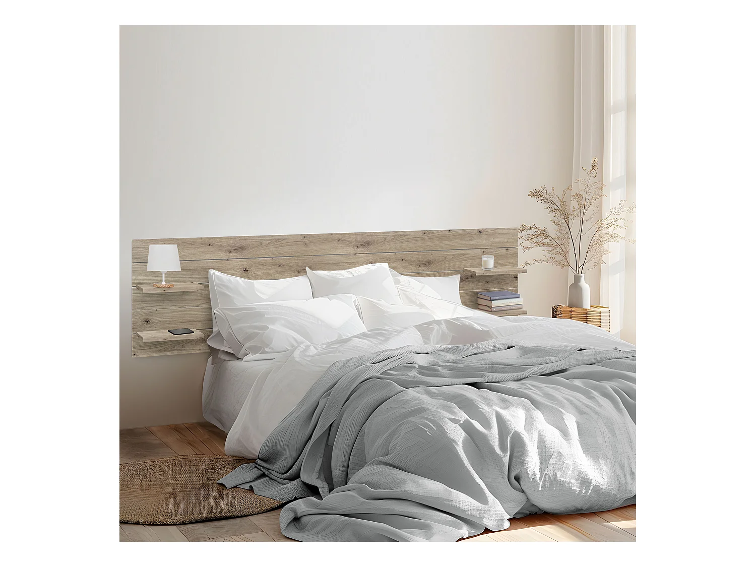 DHOME Tête de lit avec étagères en bois recyclé DM à suspendre au mur style palette japonaise avec pieds de lit nordique vintage (chêne 290 cm)