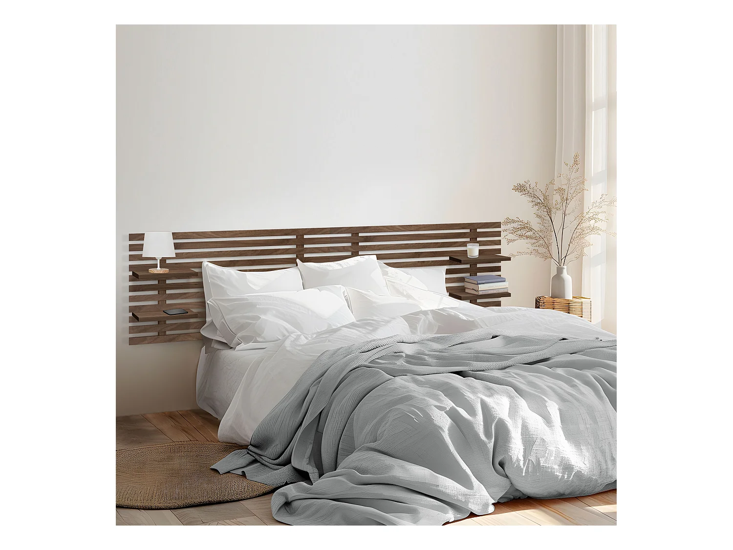DHOME Tête de lit avec étagères en bois recyclé DM Tenture murale Style palette japonaise Lit nordique vintage (bois de noyer 210 cm)