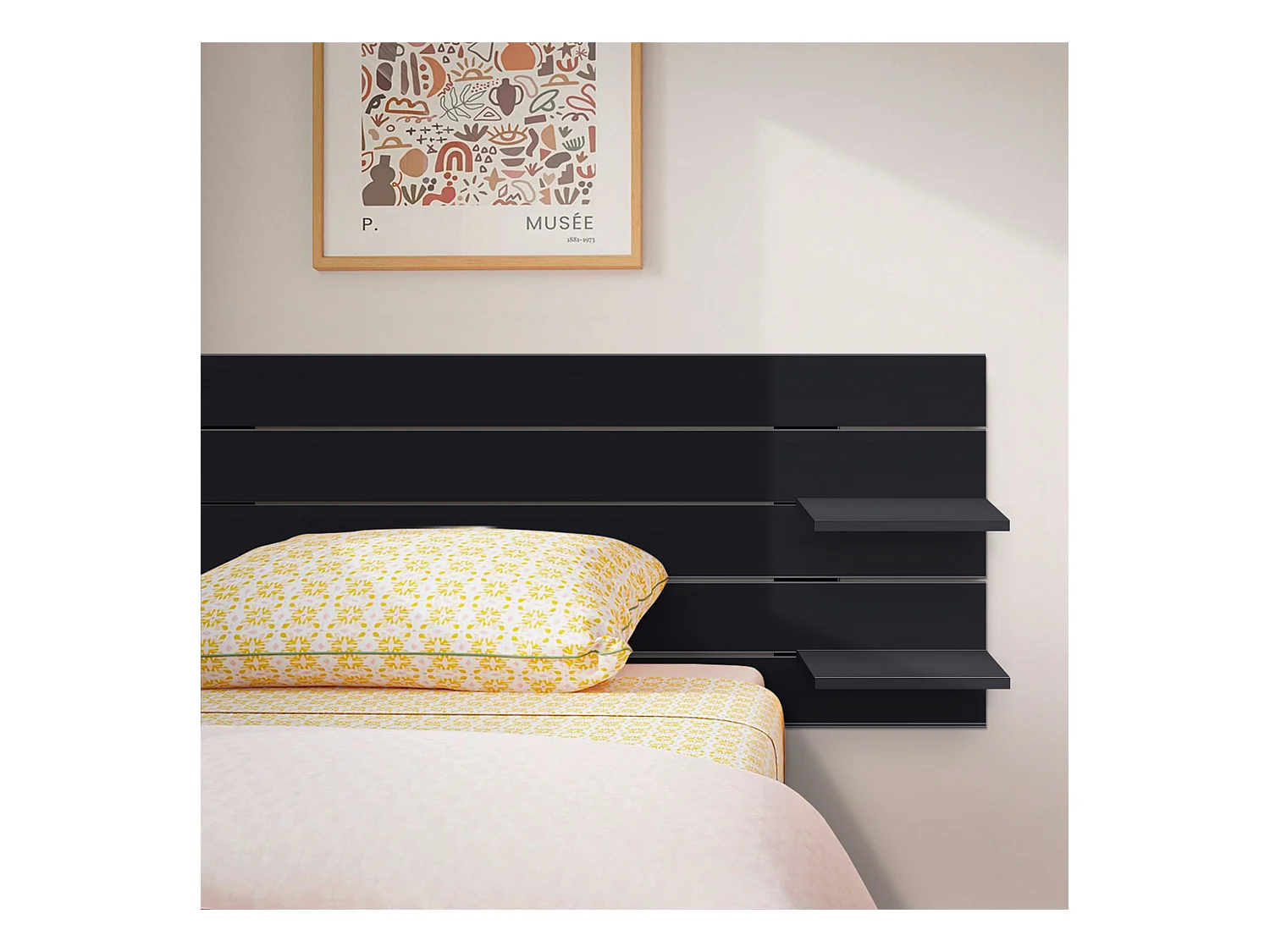 DHOME Tête de lit avec étagères en bois recyclé DM à suspendre au mur style palette japonaise avec pieds de lit nordique vintage (160 cm noir massif)