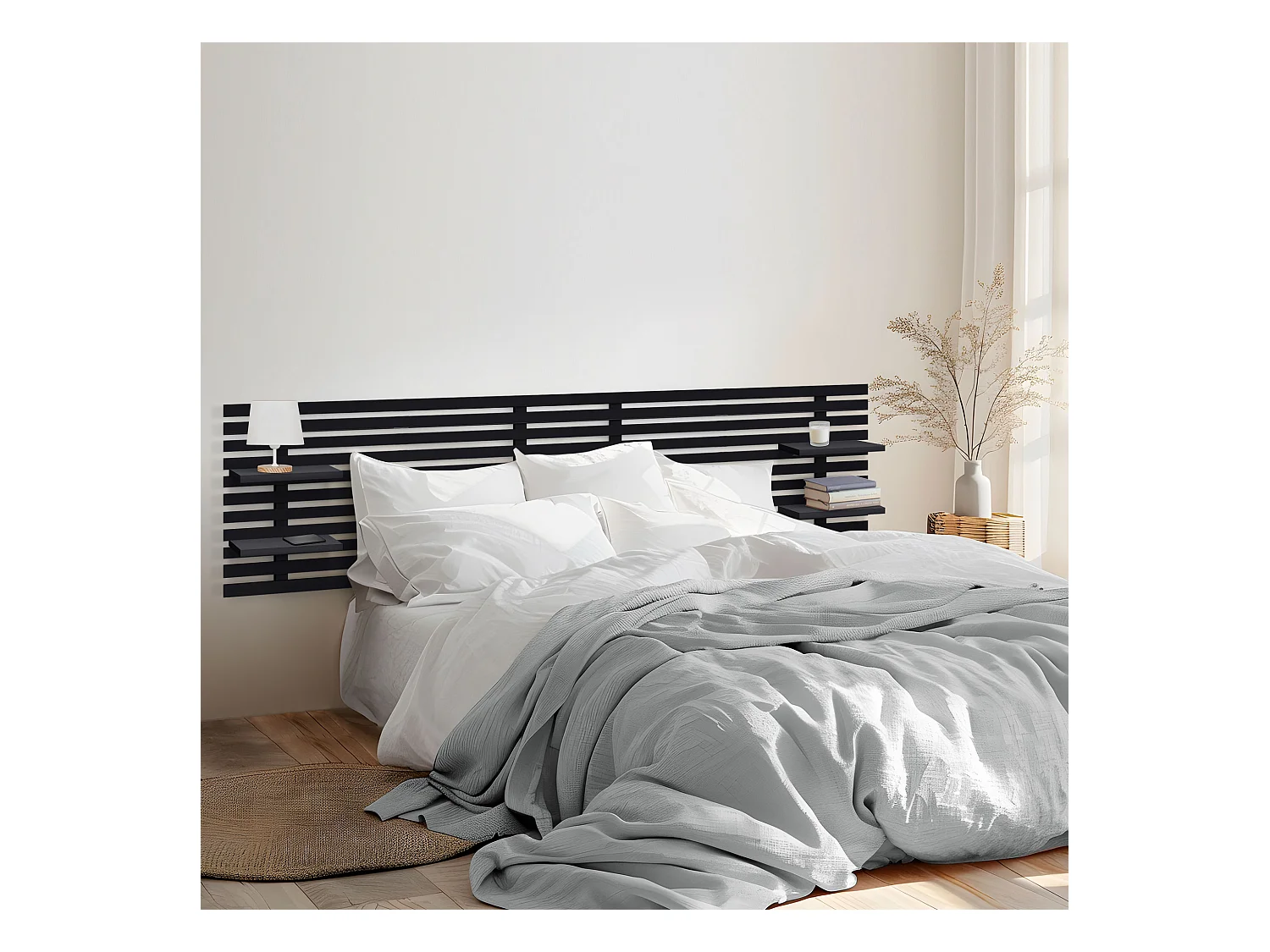 DHOME Tête de lit avec étagères en bois recyclé DM Tenture murale Style palette japonaise Lit nordique vintage (270 cm Noir massif)