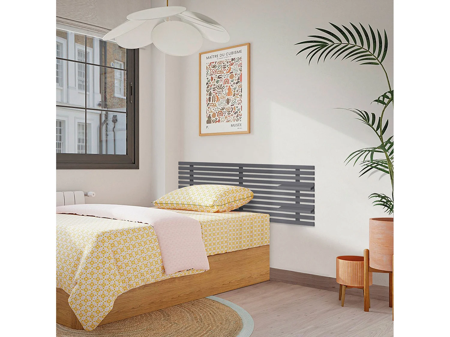 DHOME Hoofdeinde met gerecyclede houten planken DM Muurhangend bed in Japanse palletstijl Vintage Scandinavisch (135 cm effen grijs)