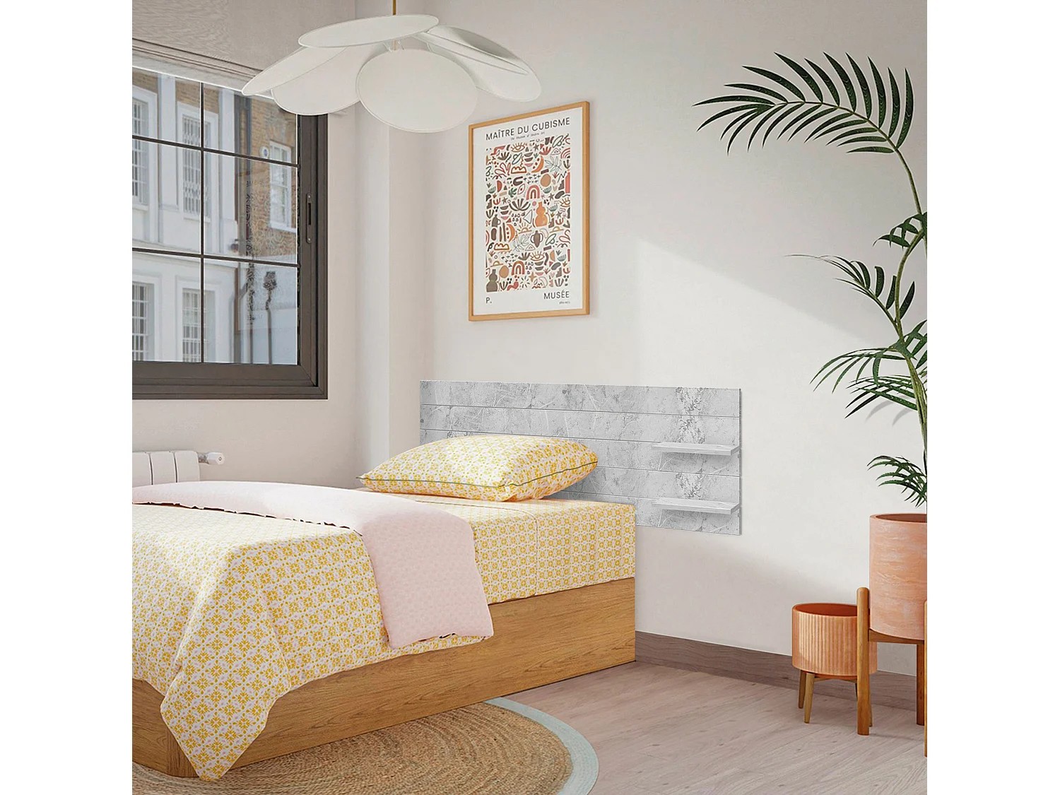 DHOME Tête de lit avec étagères en bois recyclé DM à suspendre au mur horizontal de style palette avec pieds de lit nordique vintage (finition marbre 145 cm)