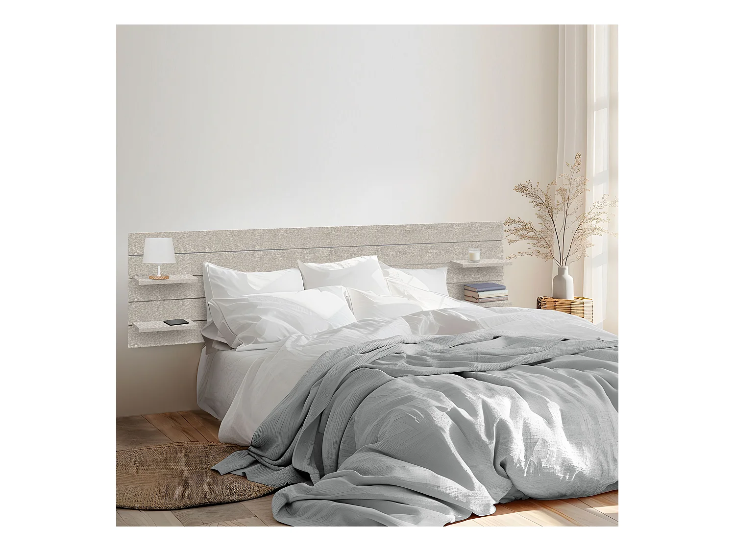 DHOME Tête de lit avec étagères en bois recyclé DM à suspendre au mur style palette japonaise avec pieds de lit nordique vintage (pointes beiges 290 cm)
