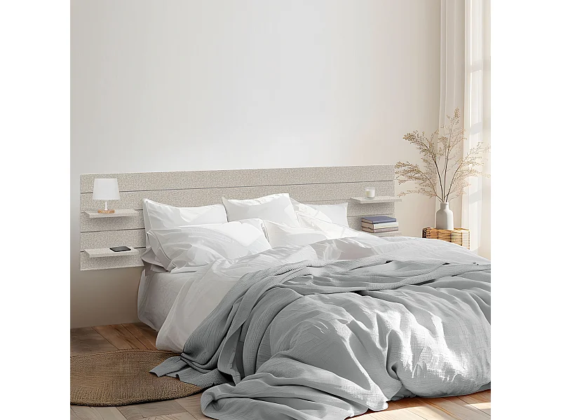 DHOME Cabecero con Estantes de Madera reciclada DM Colgante Pared Estilo Palet Japones con Patas Cama Vintage Nordico (290cm Espigas Beige)