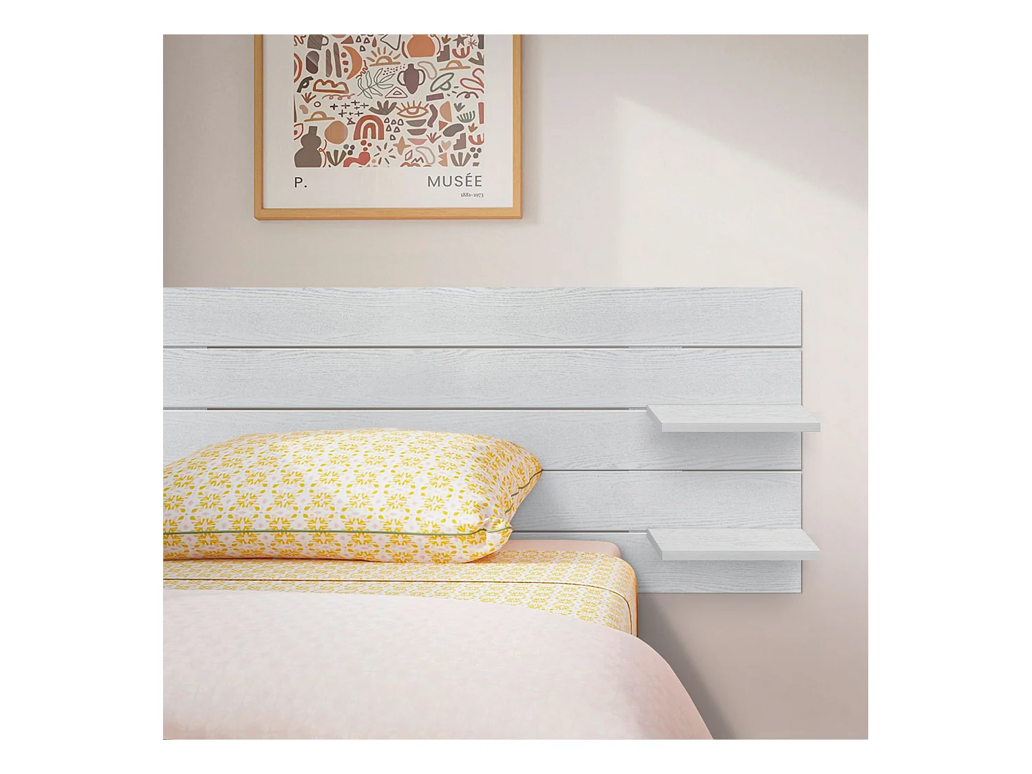 DHOME Tête de lit avec étagères en bois recyclé DM à suspendre au mur style palette japonaise avec pieds de lit nordique vintage (bois blanc 135 cm)