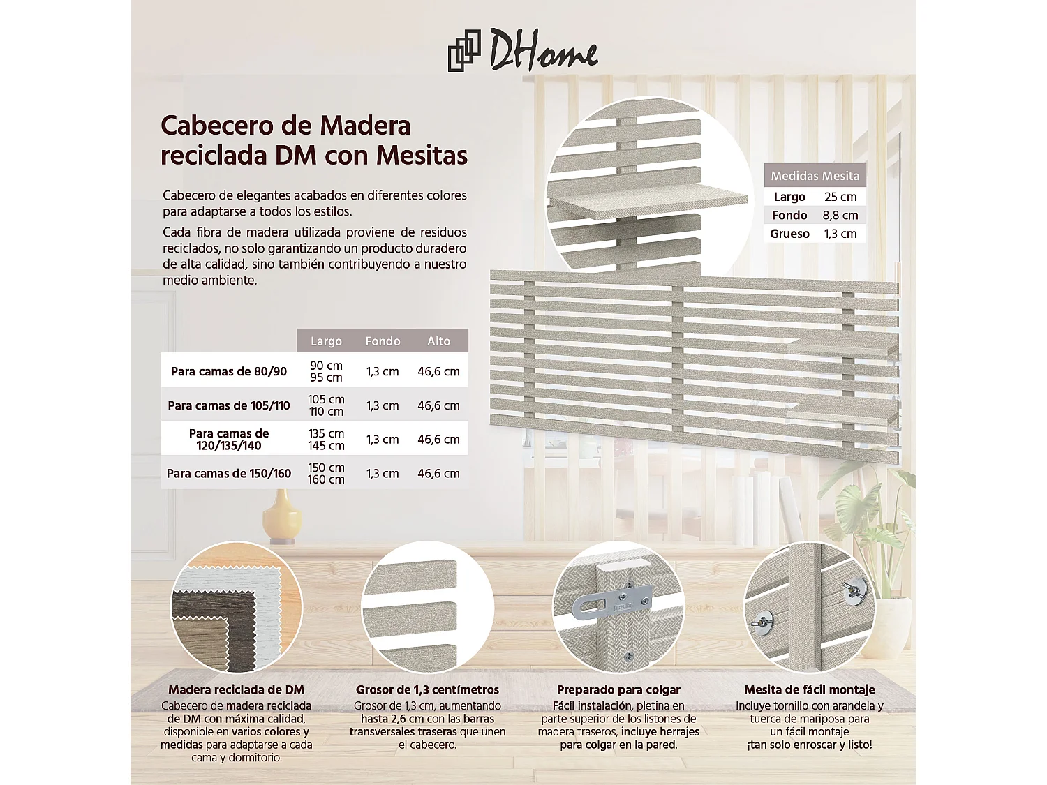 DHOME Tête de lit avec étagères en bois recyclé DM Tenture murale Style palette japonaise Lit vintage nordique (pointes beiges 145 cm)