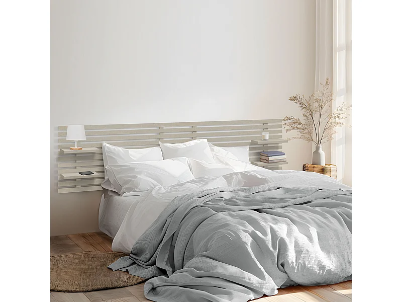 DHOME Kopfteil mit Regalen aus recyceltem Holz, DM-Wandbehang, japanischer Paletten-Stil, nordisches Vintage-Bett (290 cm Leinen-Finish)