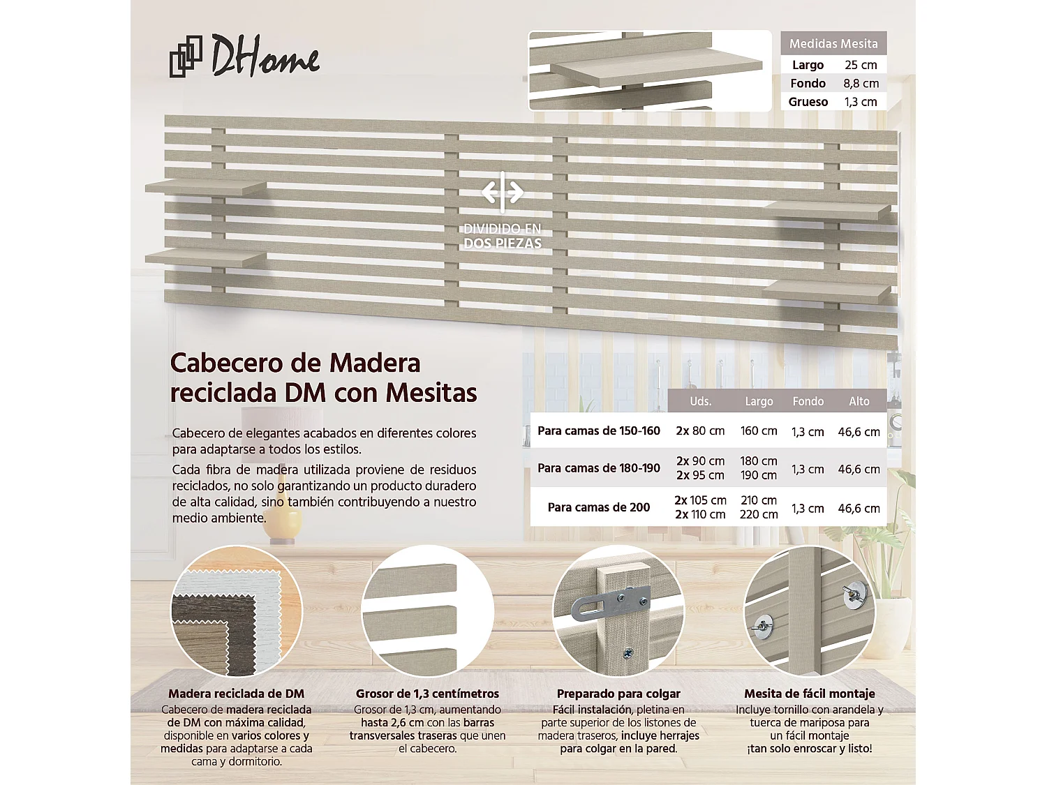 DHOME Tête de lit avec étagères en bois recyclé DM Tenture murale Style palette japonaise Lit nordique vintage (finition lin 290 cm)