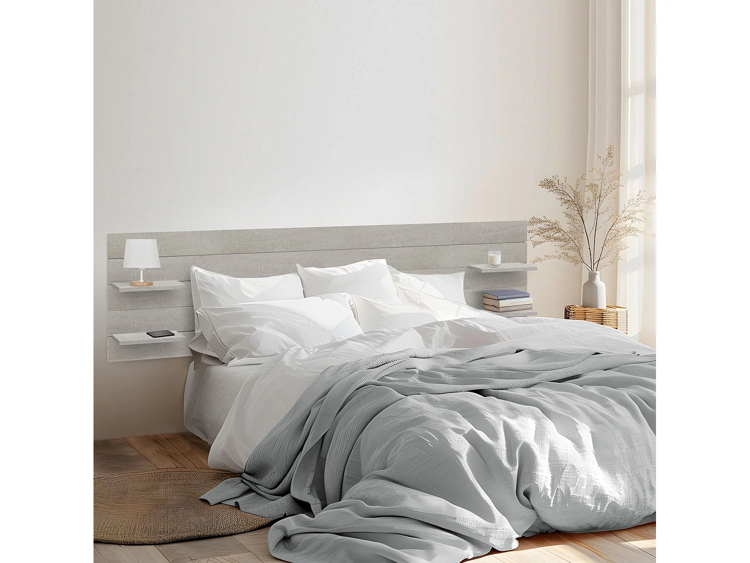 DHOME Kopfteil mit Regalen aus recyceltem Holz, DM-Wandbehang, horizontaler Paletten-Stil mit Beinen, nordisches Vintage-Bett (290 cm, Tribal-Grau)