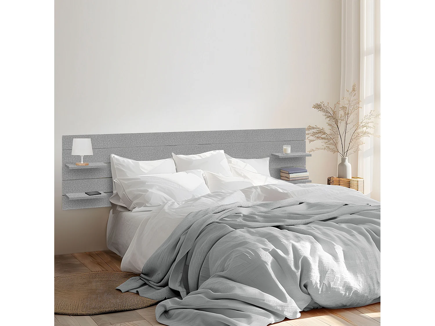 DHOME Tête de lit avec étagères en bois recyclé DM à suspendre au mur style palette horizontale avec pieds lit vintage nordique (pointes grises 270 cm)