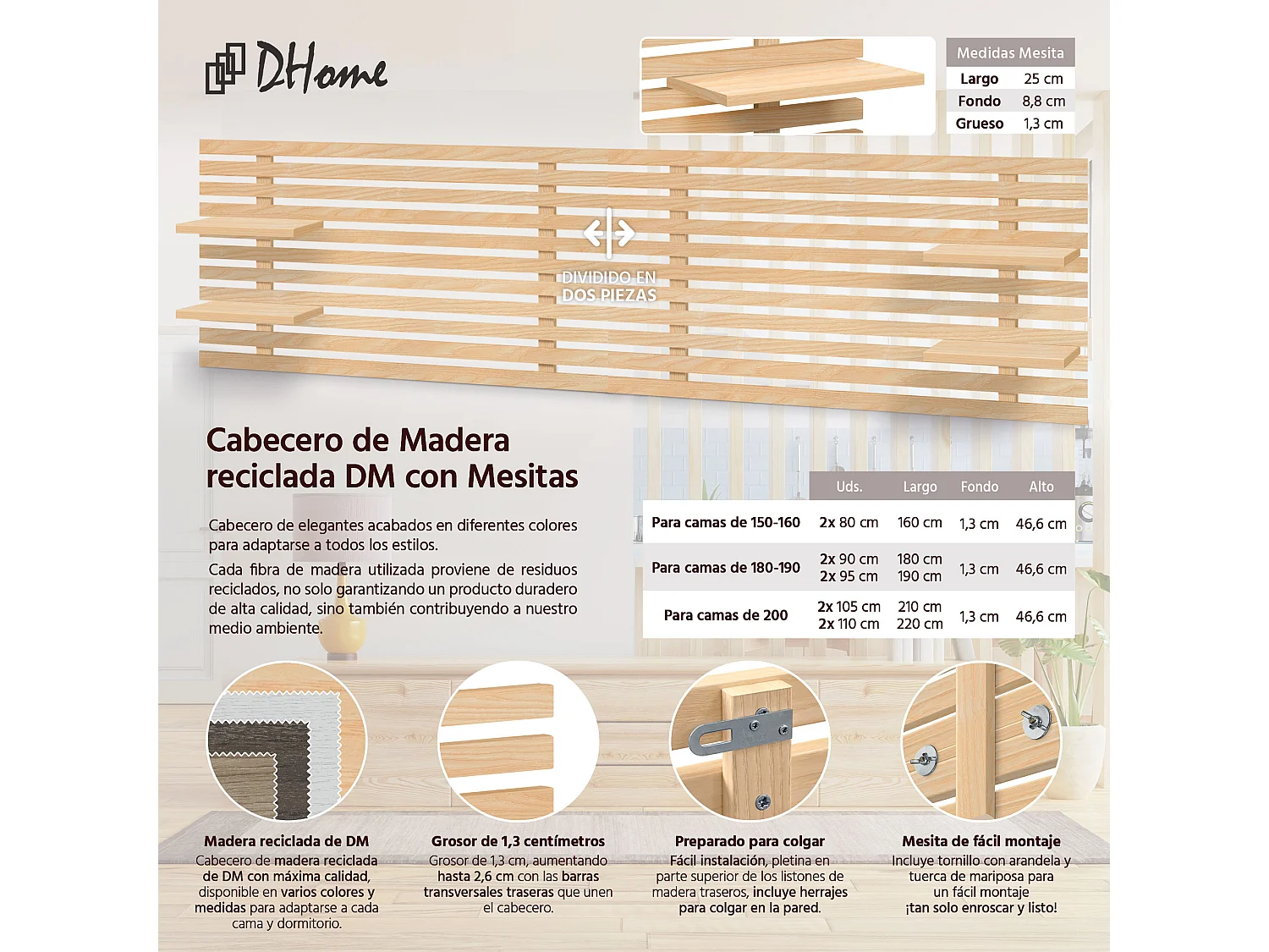 DHOME Hoofdeinde met gerecyclede houten planken DM muurhangend Japans palletstijl Scandinavisch vintage bed (290 cm natuurlijk hout)