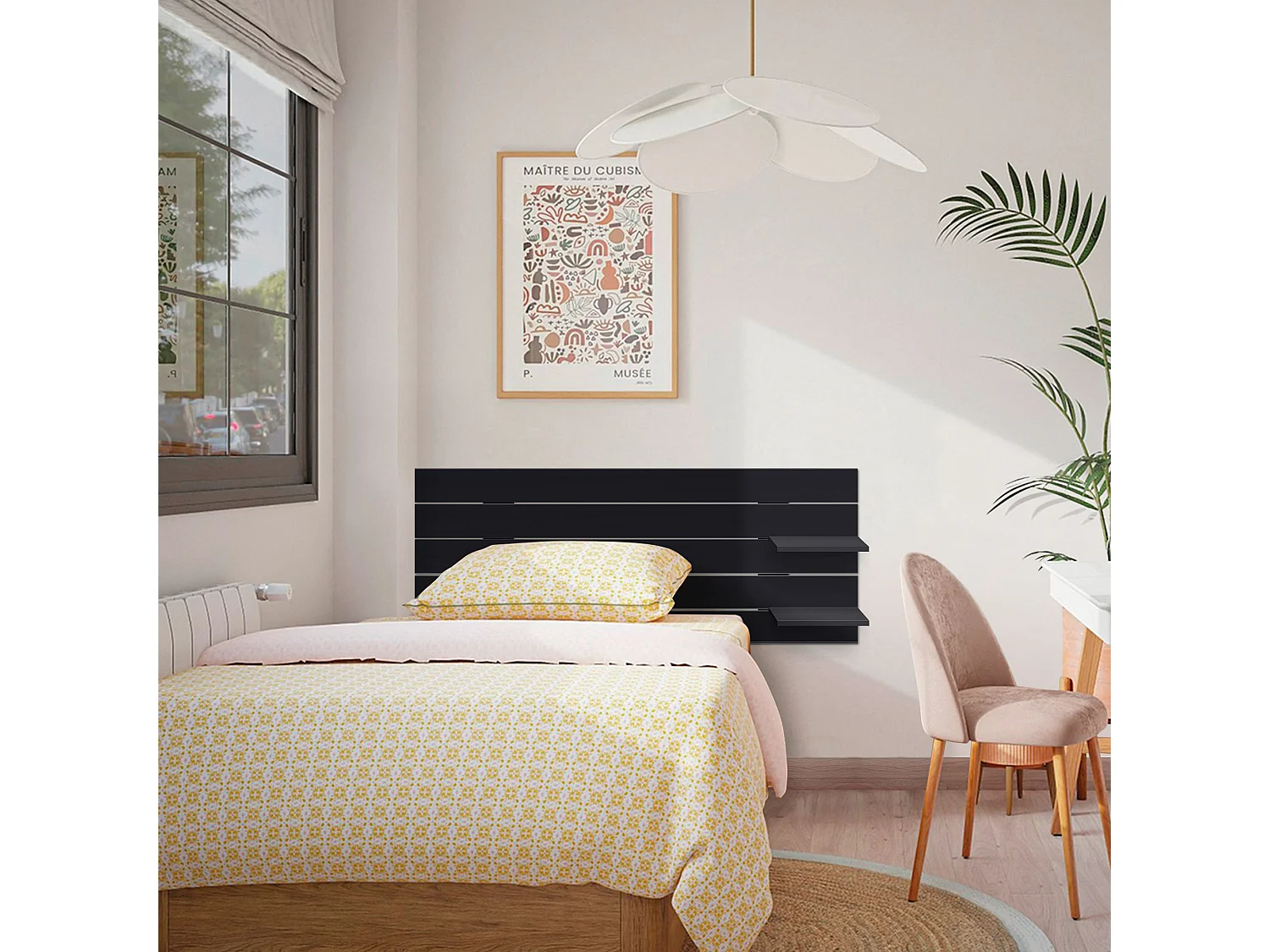 DHOME Tête de lit avec étagères en bois recyclé DM à suspendre au mur style palette horizontale avec pieds lit vintage nordique (160 cm noir massif)