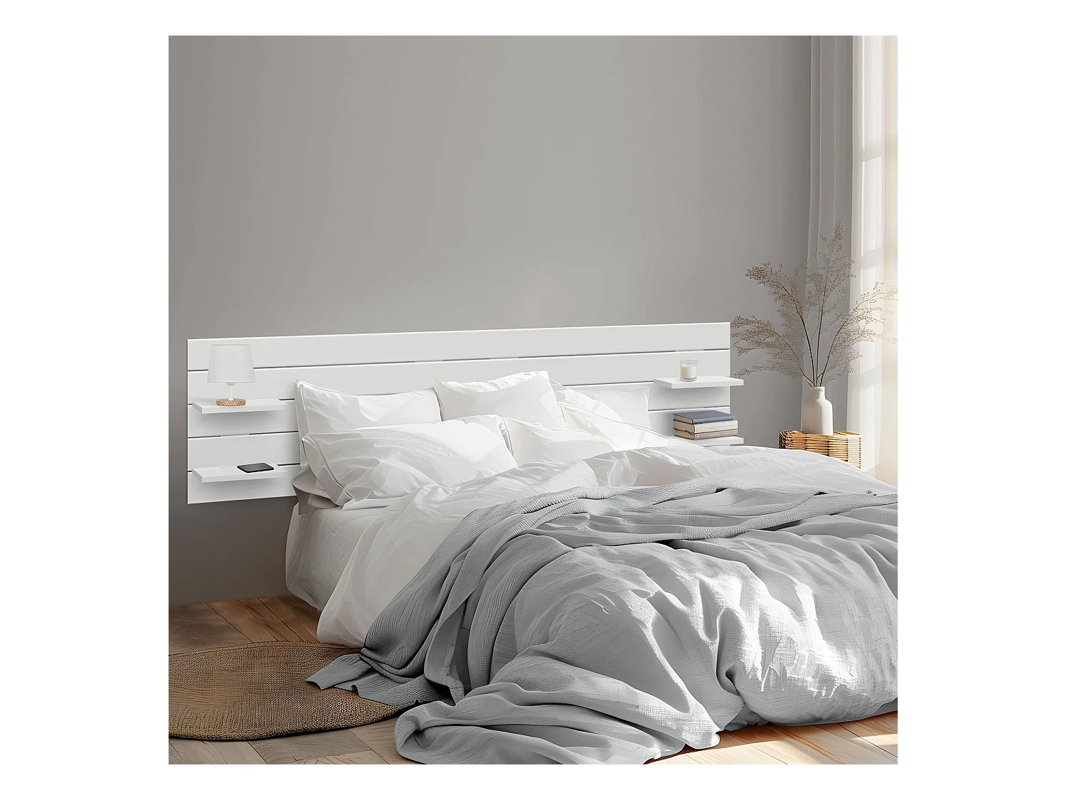DHOME Tête de lit avec étagères en bois recyclé DM à suspendre au mur style palette japonaise avec pieds de lit nordique vintage (210 cm blanc massif)