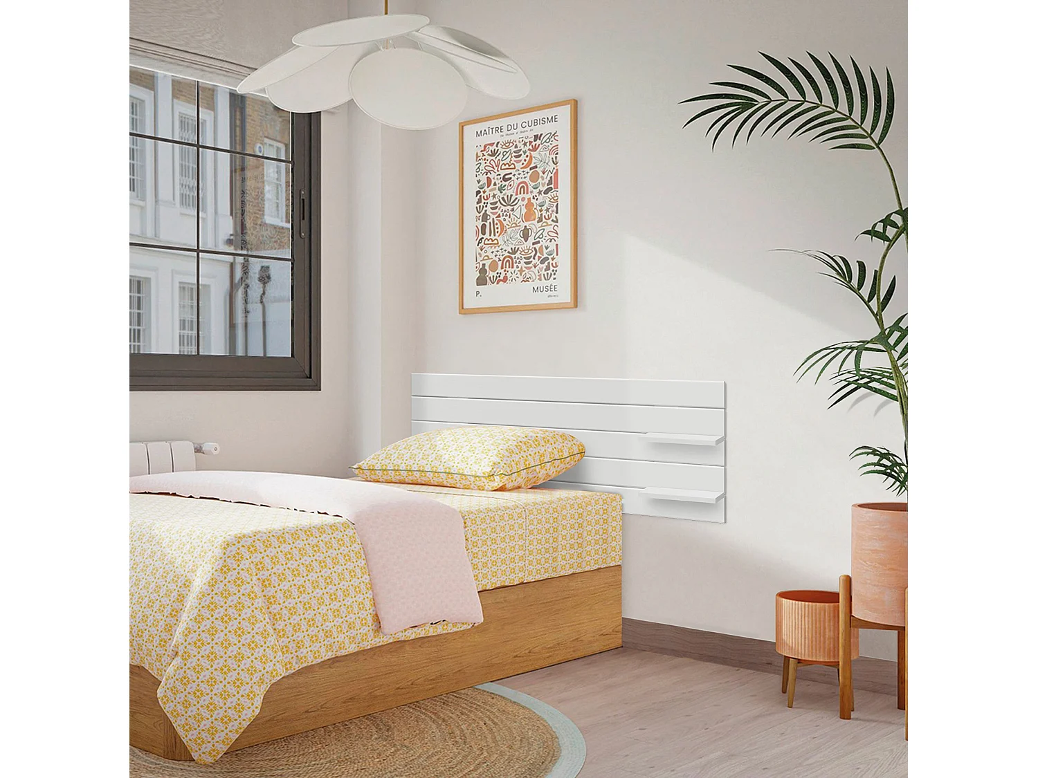DHOME Tête de lit avec étagères en bois recyclé DM à suspendre au mur style palette horizontale avec pieds lit vintage nordique (145 cm blanc massif)