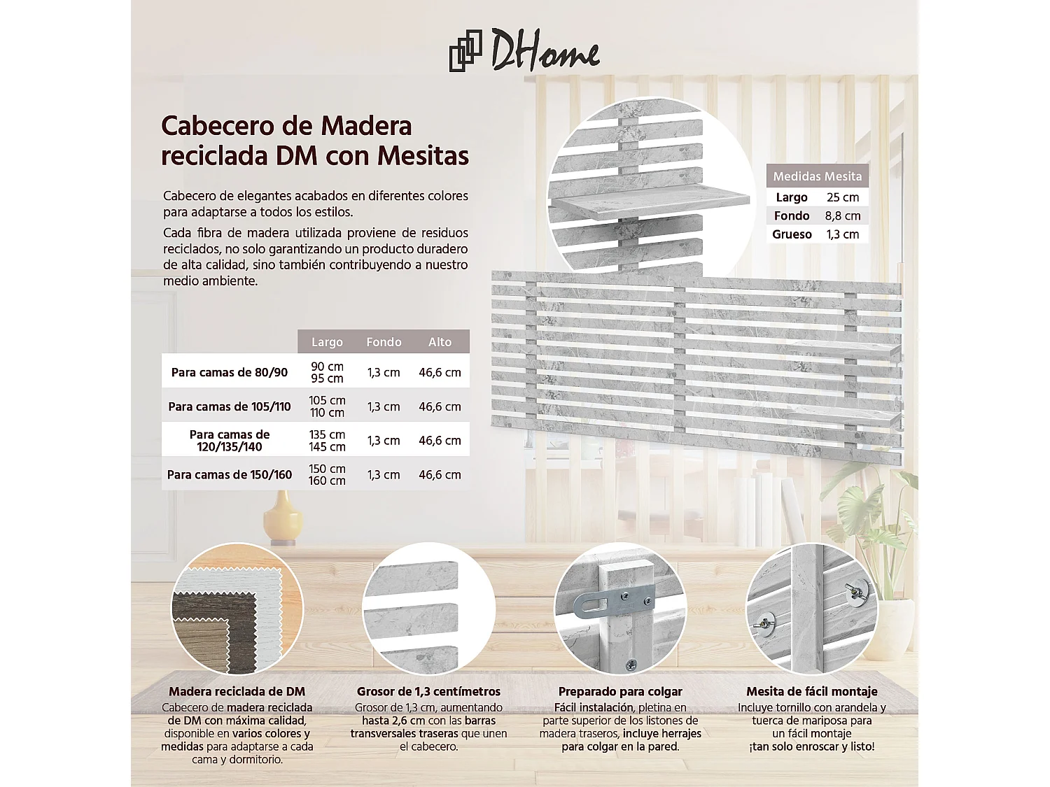 DHOME Kopfteil mit Regalen aus recyceltem Holz, DM-Wandbehang, japanischer Paletten-Stil, nordisches Vintage-Bett (160 cm Marmor-Finish)