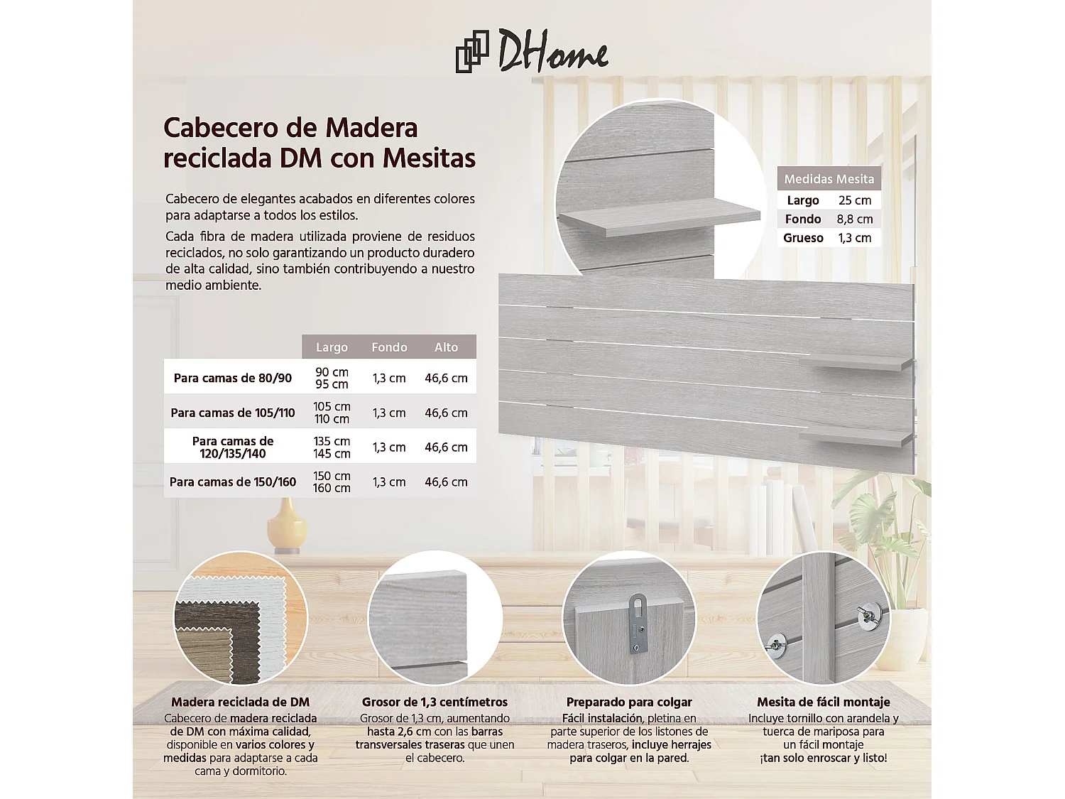 DHOME Tête de lit avec étagères en bois recyclé DM à suspendre au mur style palette horizontale avec pieds lit nordique vintage (Arctique 160 cm)