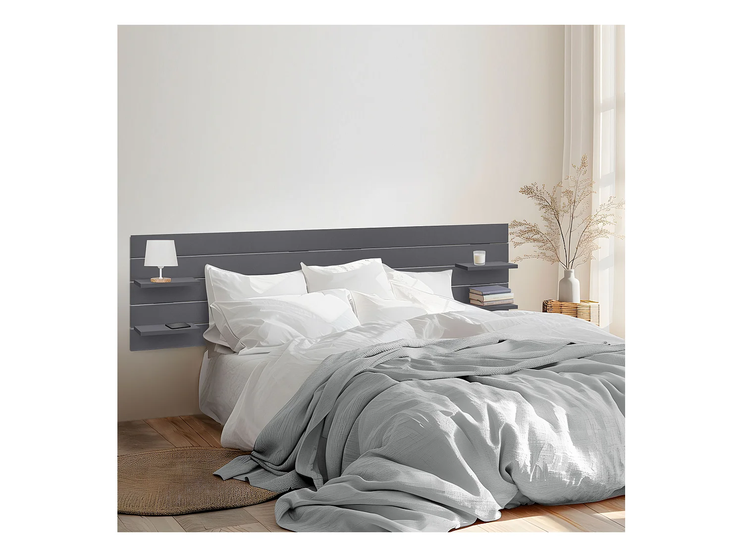 DHOME Tête de lit avec étagères en bois recyclé DM à suspendre au mur style palette horizontale avec pieds lit vintage nordique (gris massif 290 cm)