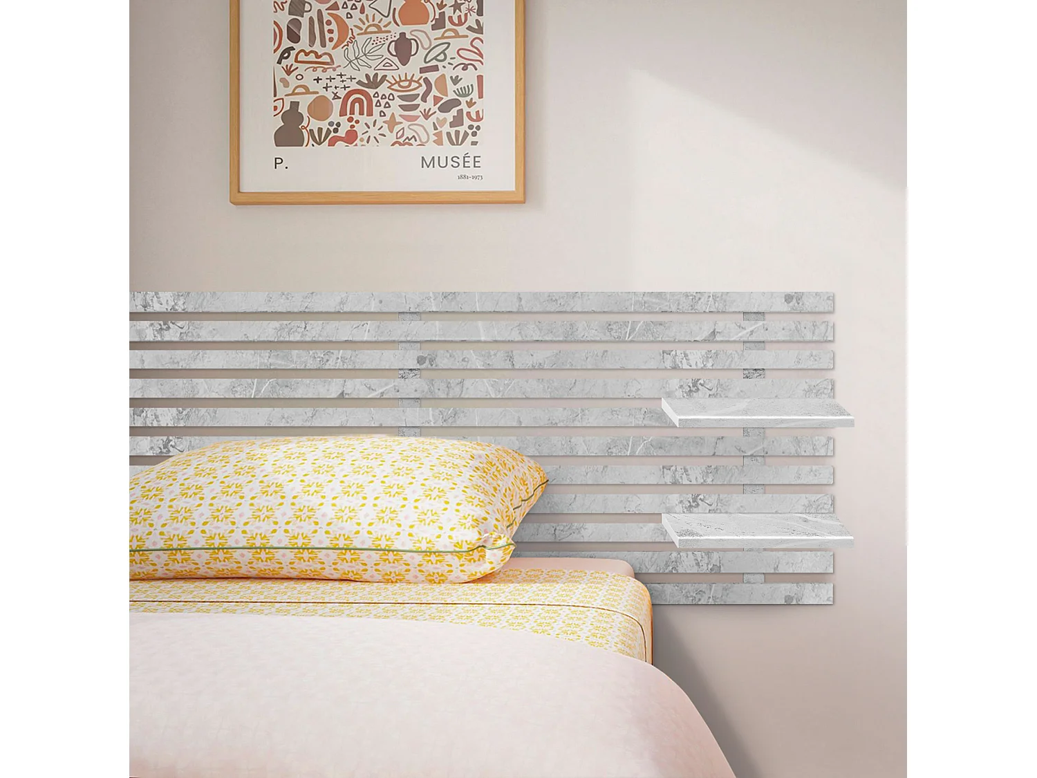 DHOME Kopfteil mit Regalen aus recyceltem Holz, DM-Wandbehang, japanischer Paletten-Stil, nordisches Vintage-Bett (135 cm, Marmor-Finish)