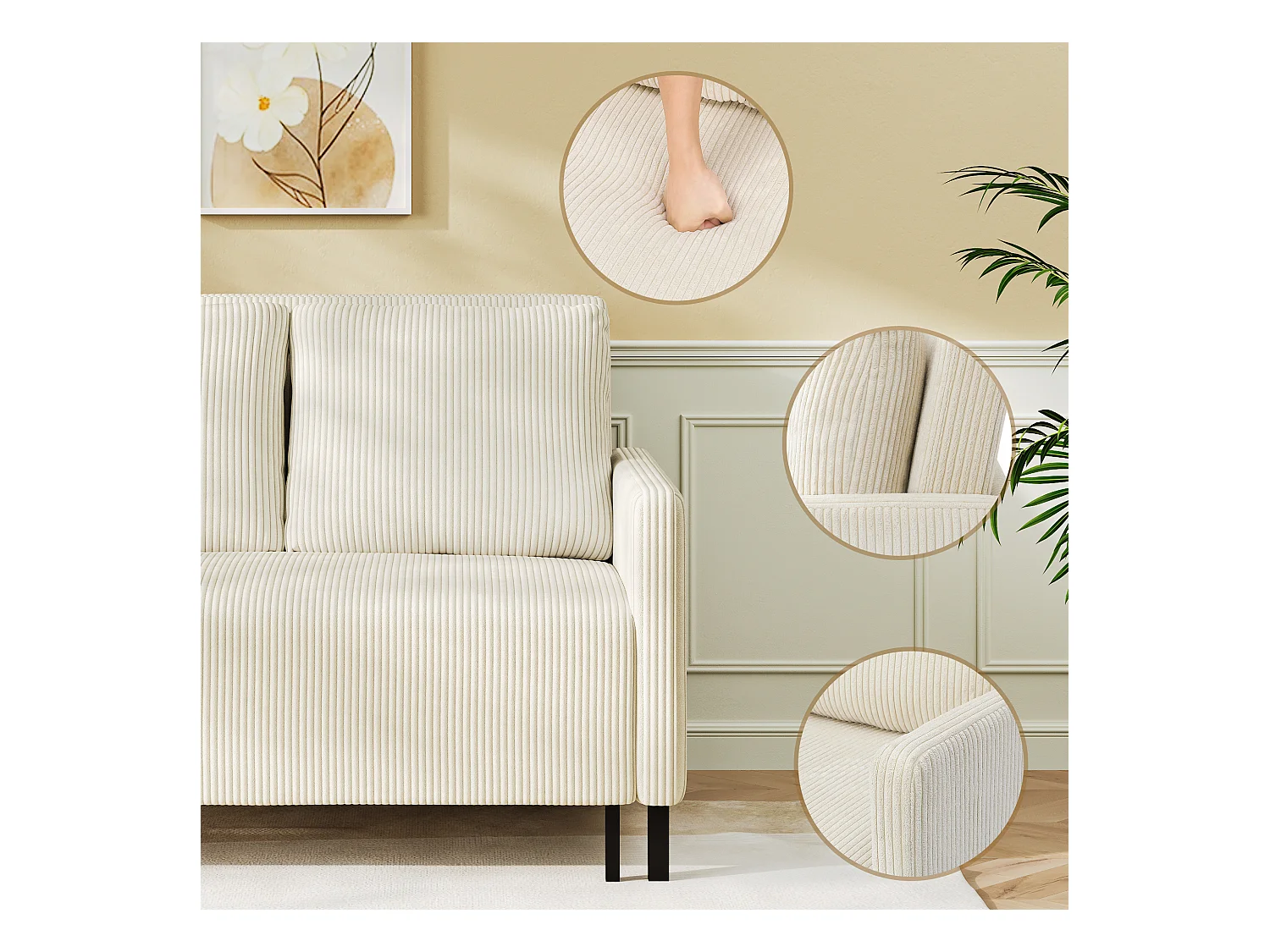 Canape 2 places convertible clic-clac, en Velours côtelé beige, Couchage 170 cm, Matelas 10 cm, pour Studio/Salon/Chambre