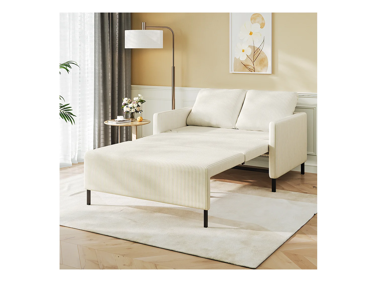 Canape 2 places convertible clic-clac, en Velours côtelé beige, Couchage 170 cm, Matelas 10 cm, pour Studio/Salon/Chambre