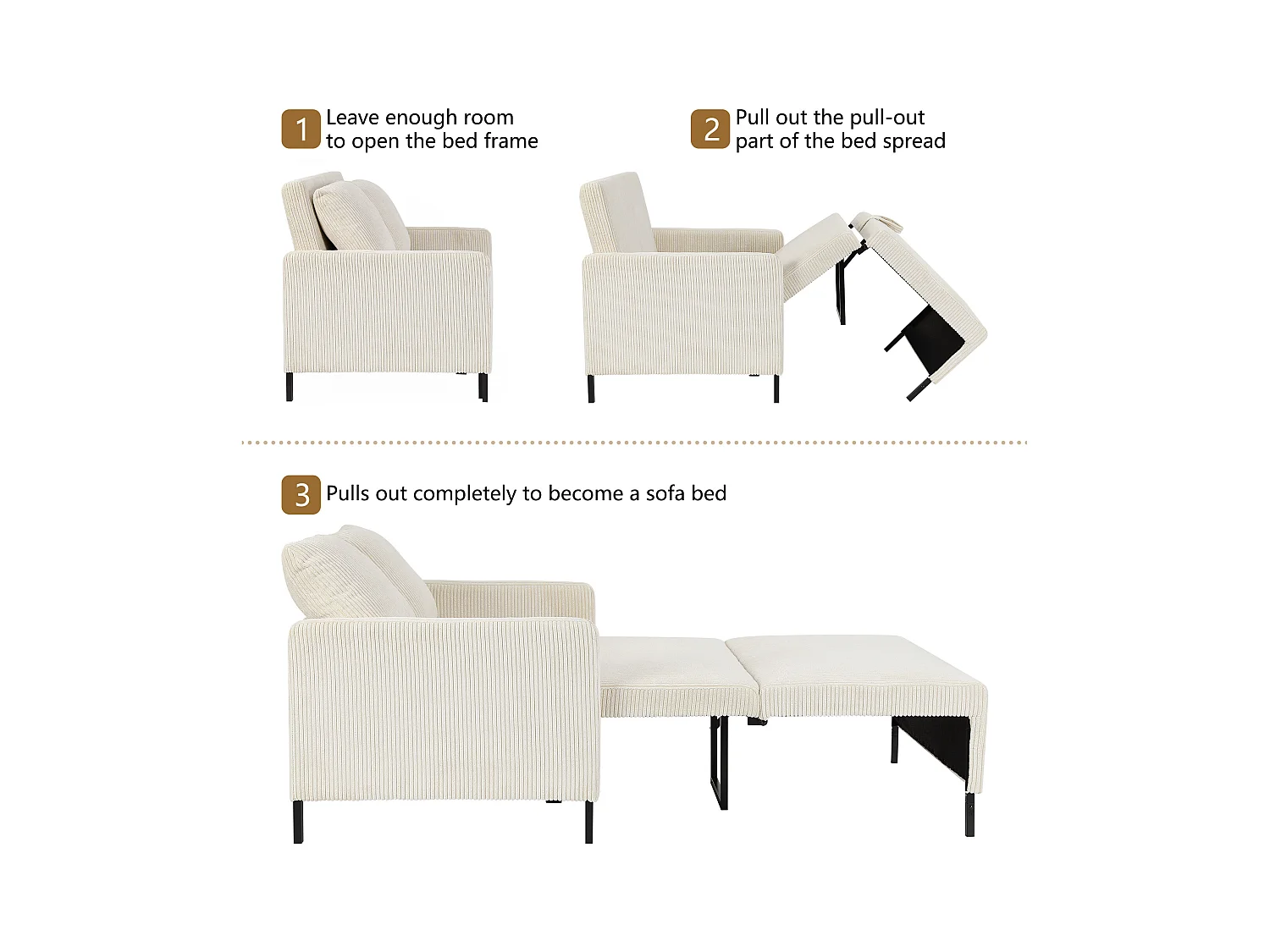 Canape 2 places convertible clic-clac, en Velours côtelé beige, Couchage 170 cm, Matelas 10 cm, pour Studio/Salon/Chambre