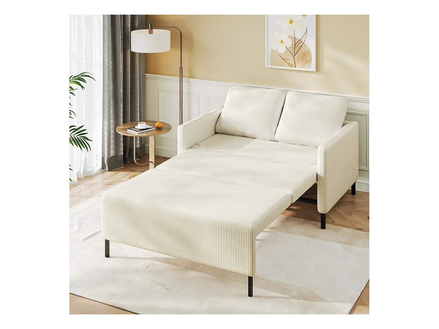 2-zits converteerbare bank klikklick, in beige geribbeld fluweel, 170 cm slapen, 10 cm matras, voor studio/woonkamer/slaapkamer