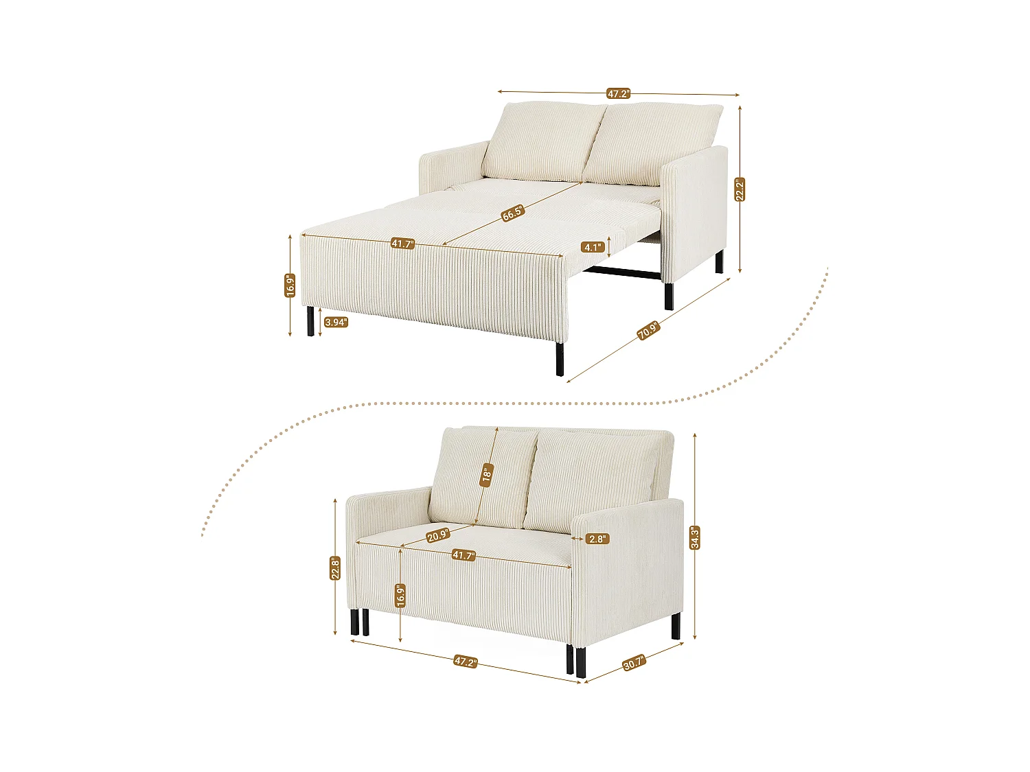 2-zits converteerbare bank klikklick, in beige geribbeld fluweel, 170 cm slapen, 10 cm matras, voor studio/woonkamer/slaapkamer