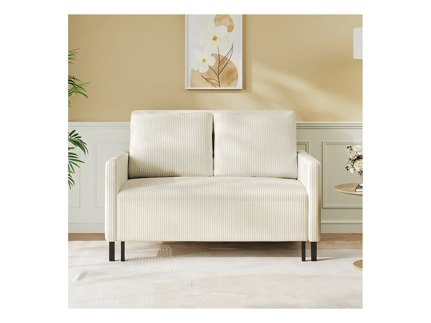 2-zits converteerbare bank klikklick, in beige geribbeld fluweel, 170 cm slapen, 10 cm matras, voor studio/woonkamer/slaapkamer