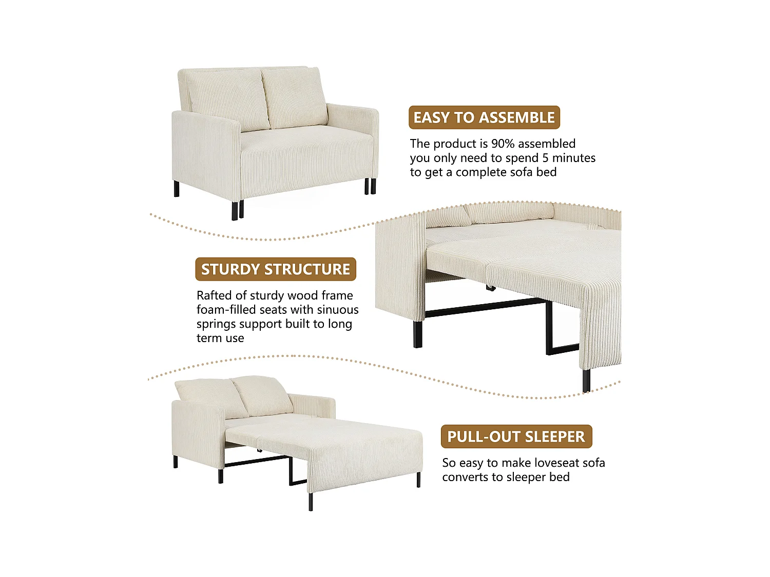 2-zits converteerbare bank klikklick, in beige geribbeld fluweel, 170 cm slapen, 10 cm matras, voor studio/woonkamer/slaapkamer