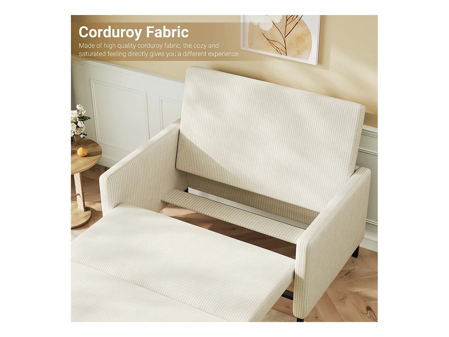 2-zits converteerbare bank klikklick, in beige geribbeld fluweel, 170 cm slapen, 10 cm matras, voor studio/woonkamer/slaapkamer