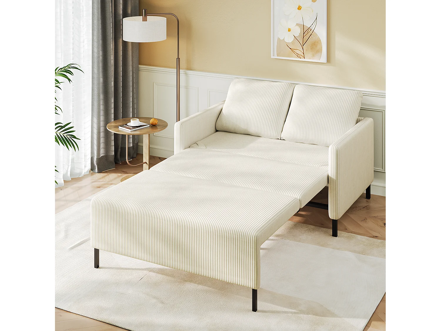Canape 2 places convertible clic-clac, en Velours côtelé beige, Couchage 170 cm, Matelas 10 cm, pour Studio/Salon/Chambre
