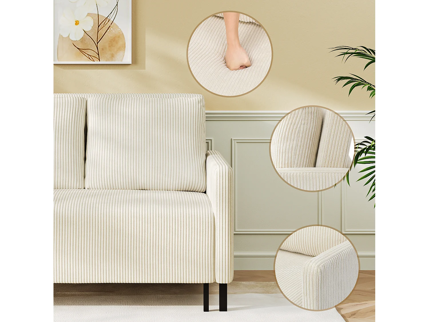 Canape 2 places convertible clic-clac, en Velours côtelé beige, Couchage 170 cm, Matelas 10 cm, pour Studio/Salon/Chambre