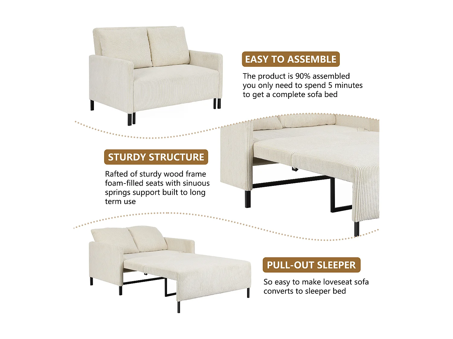 Canape 2 places convertible clic-clac, en Velours côtelé beige, Couchage 170 cm, Matelas 10 cm, pour Studio/Salon/Chambre