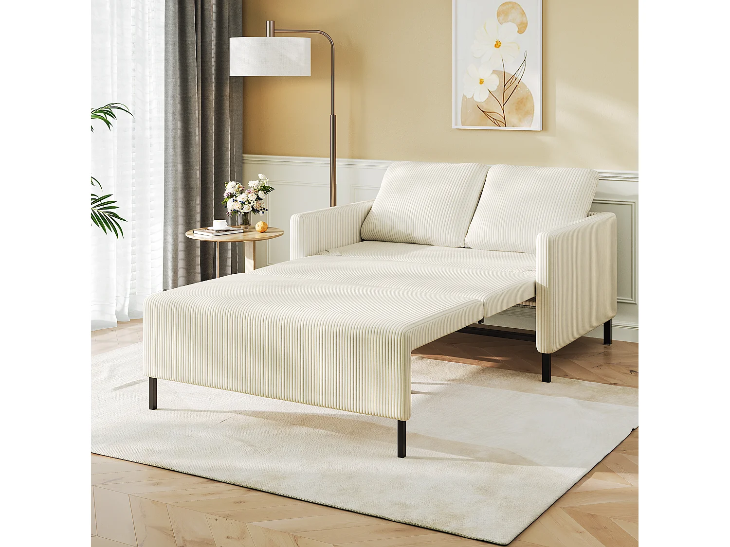 Canape 2 places convertible clic-clac, en Velours côtelé beige, Couchage 170 cm, Matelas 10 cm, pour Studio/Salon/Chambre