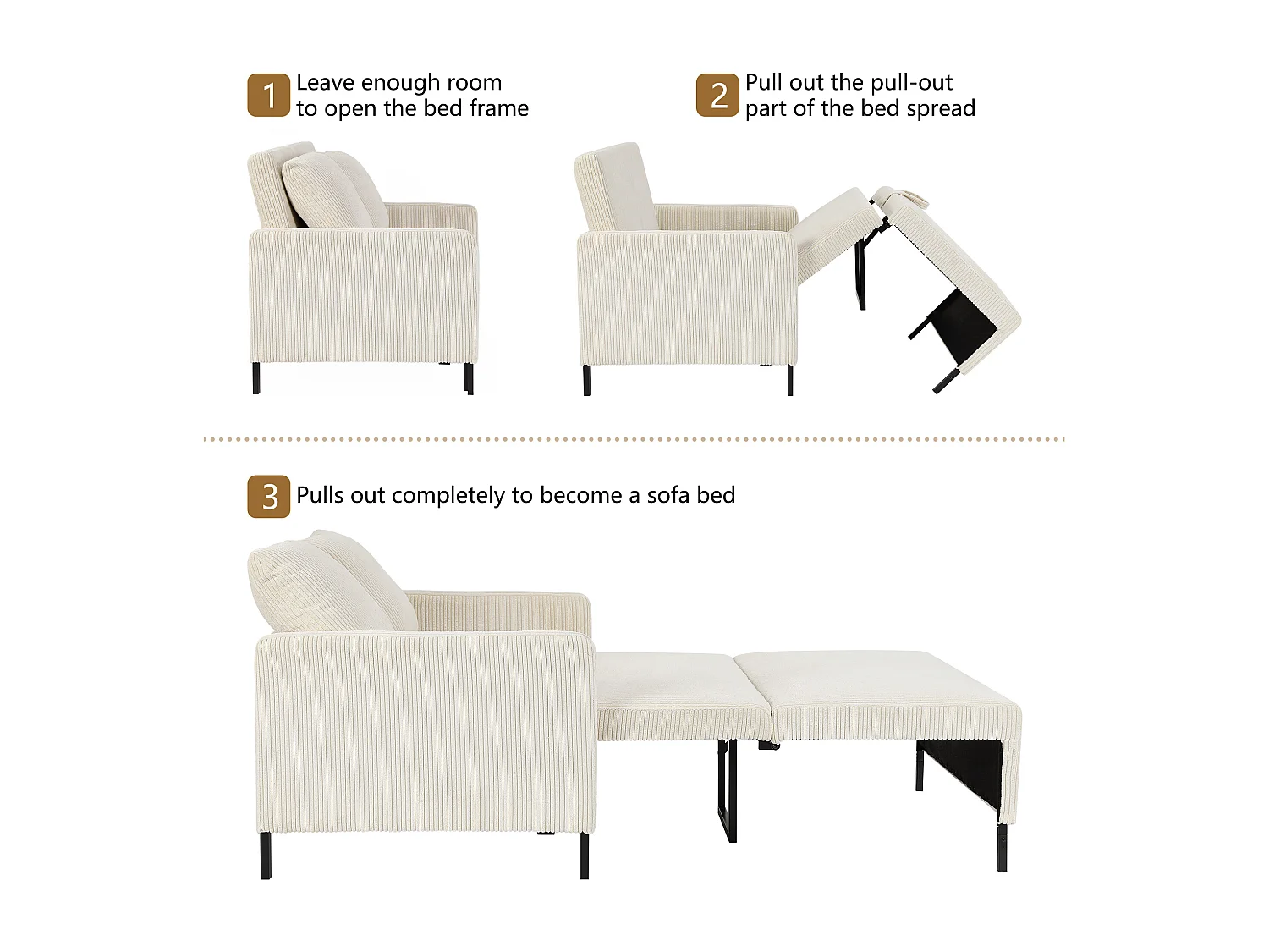 Canape 2 places convertible clic-clac, en Velours côtelé beige, Couchage 170 cm, Matelas 10 cm, pour Studio/Salon/Chambre