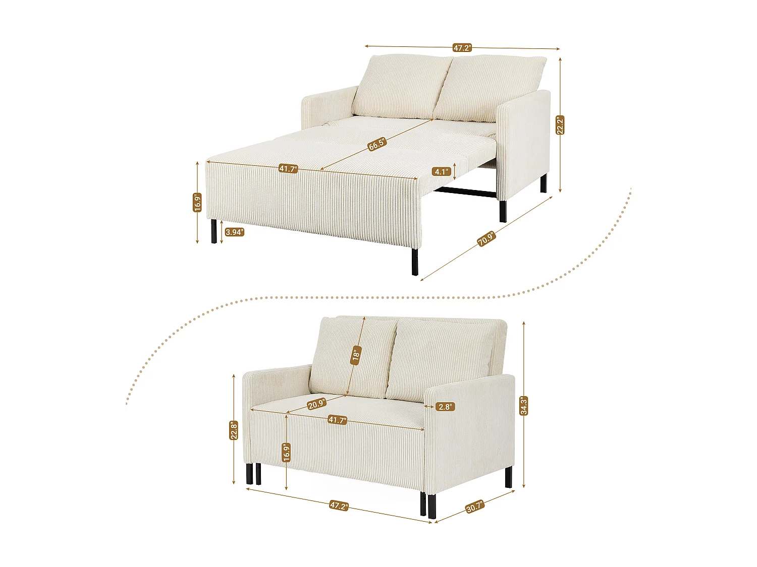 Canape 2 places convertible clic-clac, en Velours côtelé beige, Couchage 170 cm, Matelas 10 cm, pour Studio/Salon/Chambre