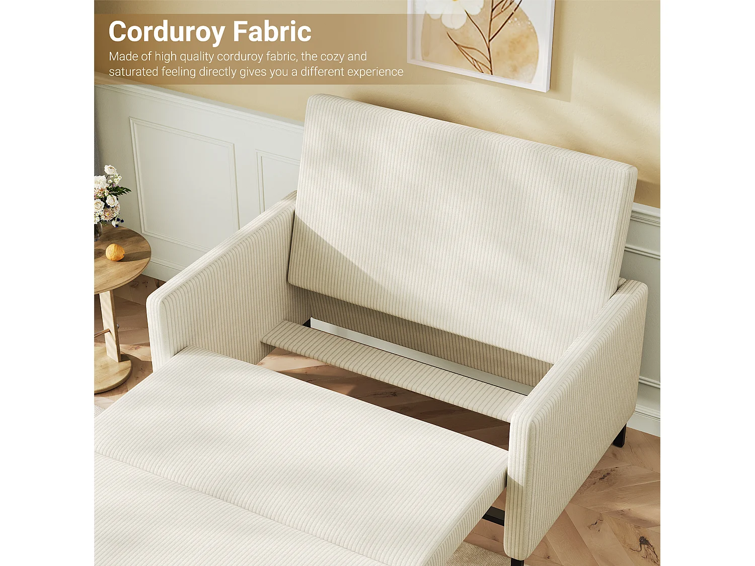 Canape 2 places convertible clic-clac, en Velours côtelé beige, Couchage 170 cm, Matelas 10 cm, pour Studio/Salon/Chambre