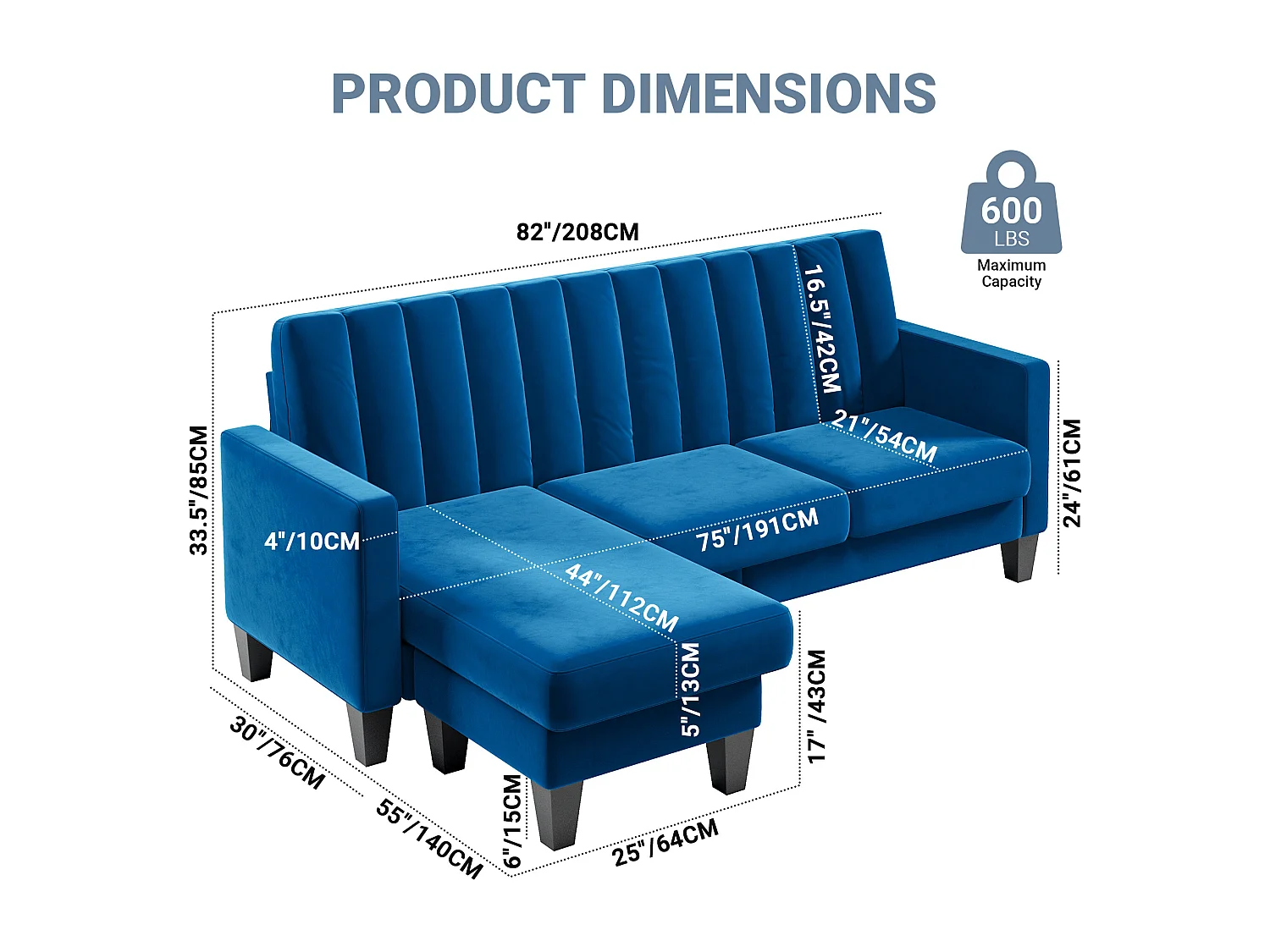 Canapé d'angle 3/4 places réversible en tissu bleu - méridienne ou pouf - rayures verticales - 208x76x85cm